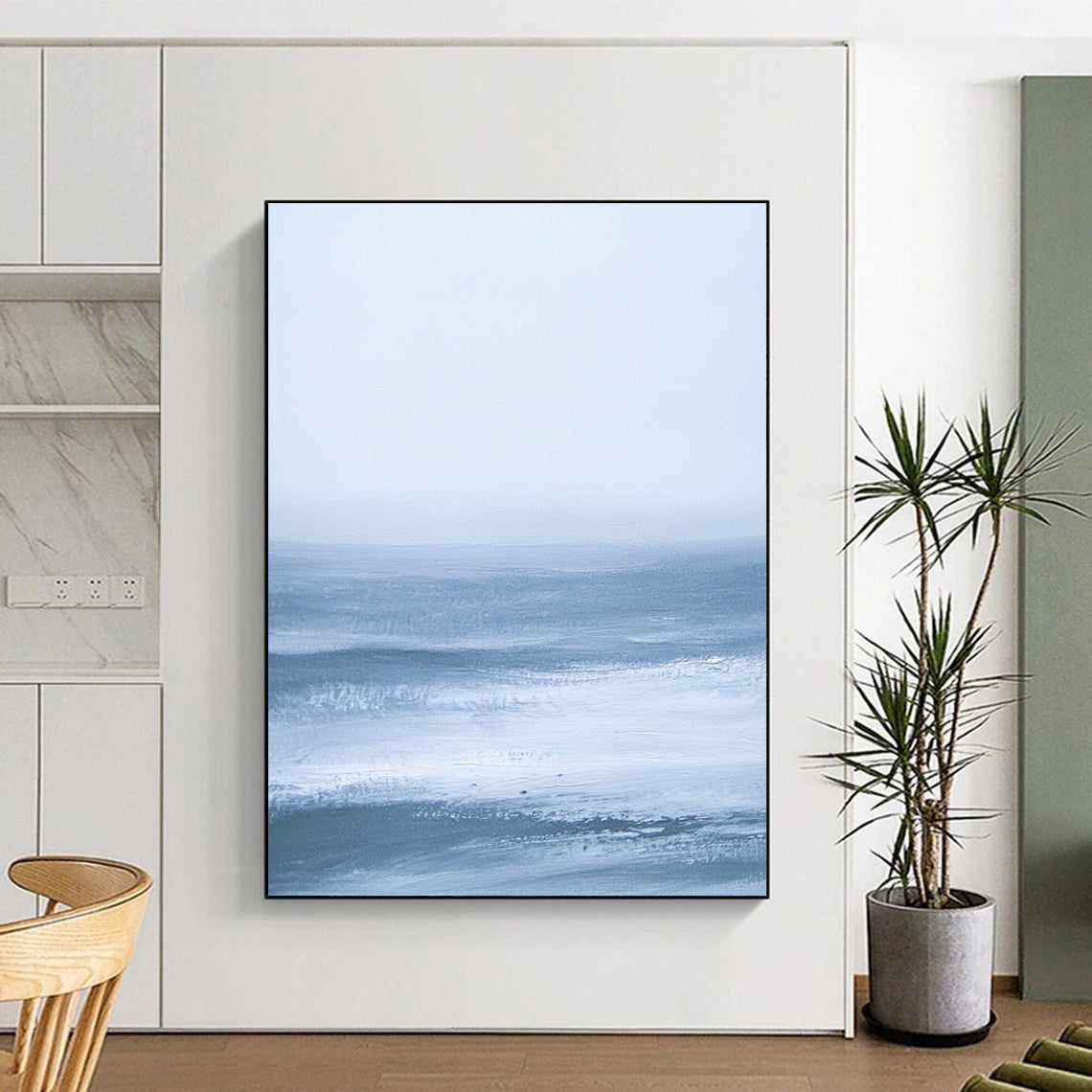 Large abstract painting featuring blue-gray sea minimalism inspired by James Tissot and J.M.W. Turner for a serene and elegant atmosphere.STSC028
