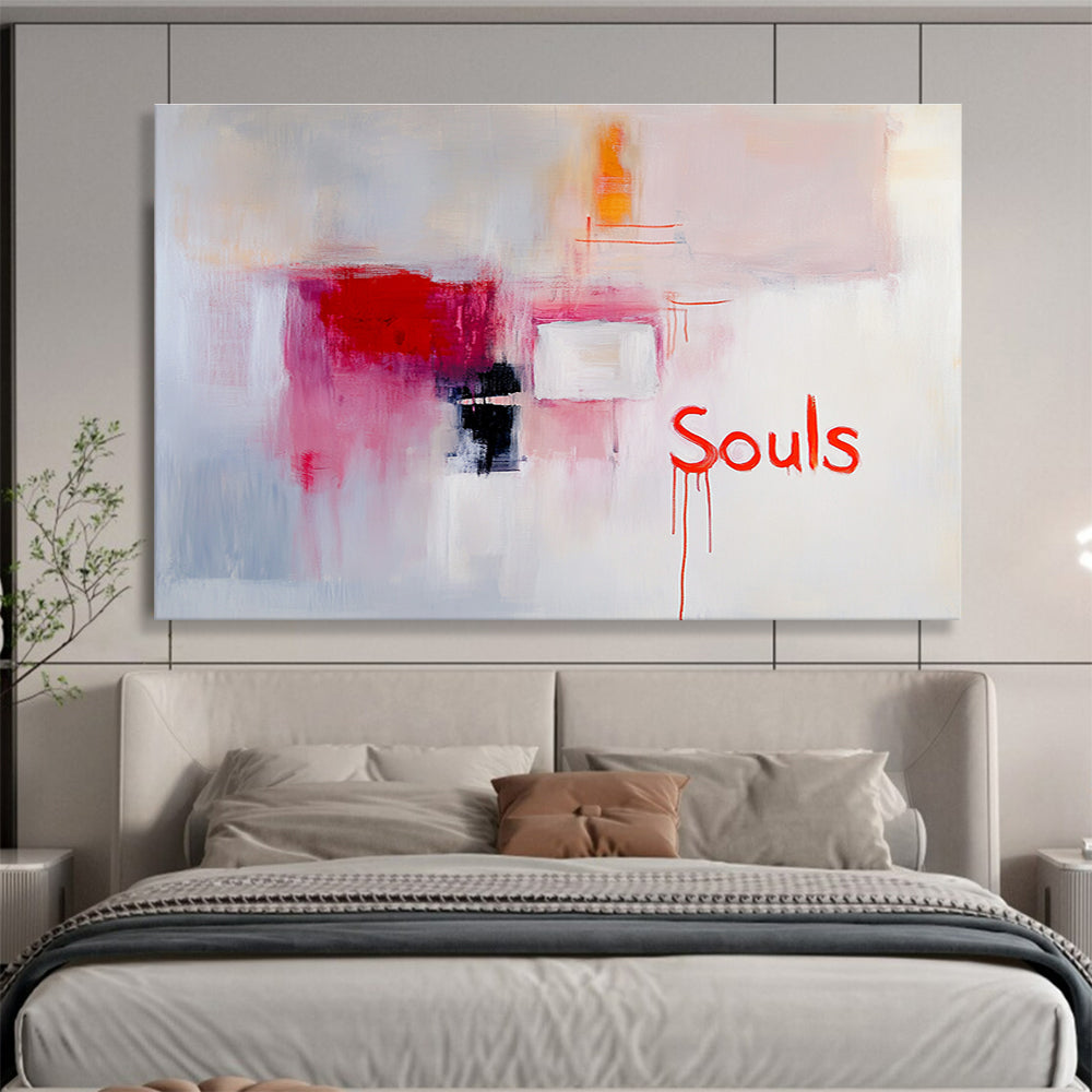 Pink and Red Abstract “Souls” Painting with Evocative Text DYP298