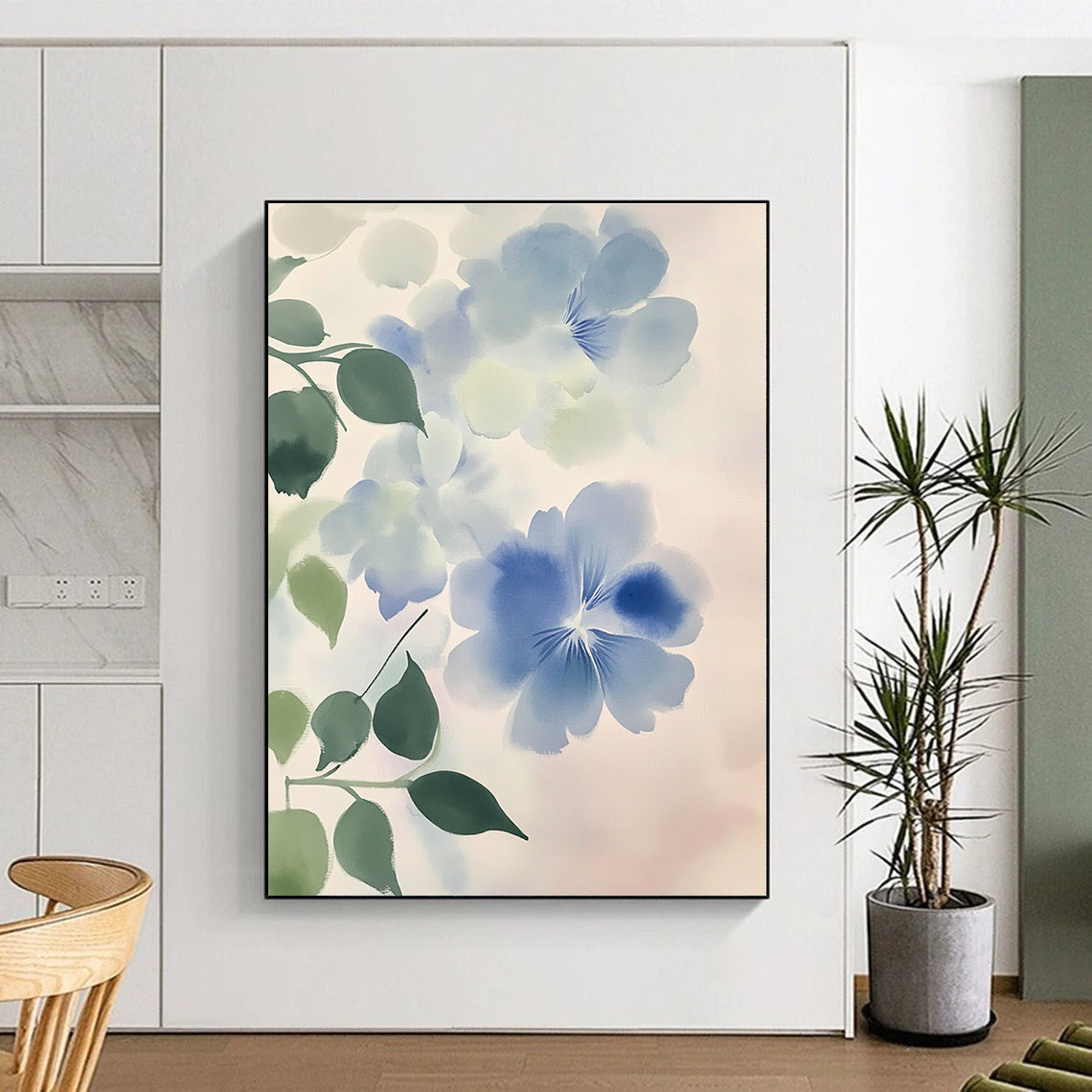 Large abstract watercolor painting of light blue and white flowers with green leaves against a soft gray gradient emphasizing fluidity and movement.STSC1050