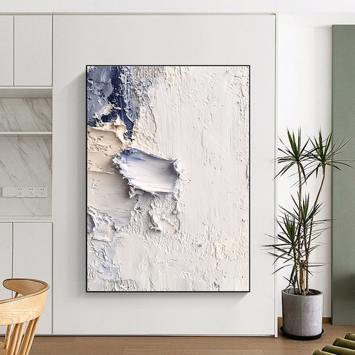 Textured White Blue Abstract Painting with Layered Strokes GER741