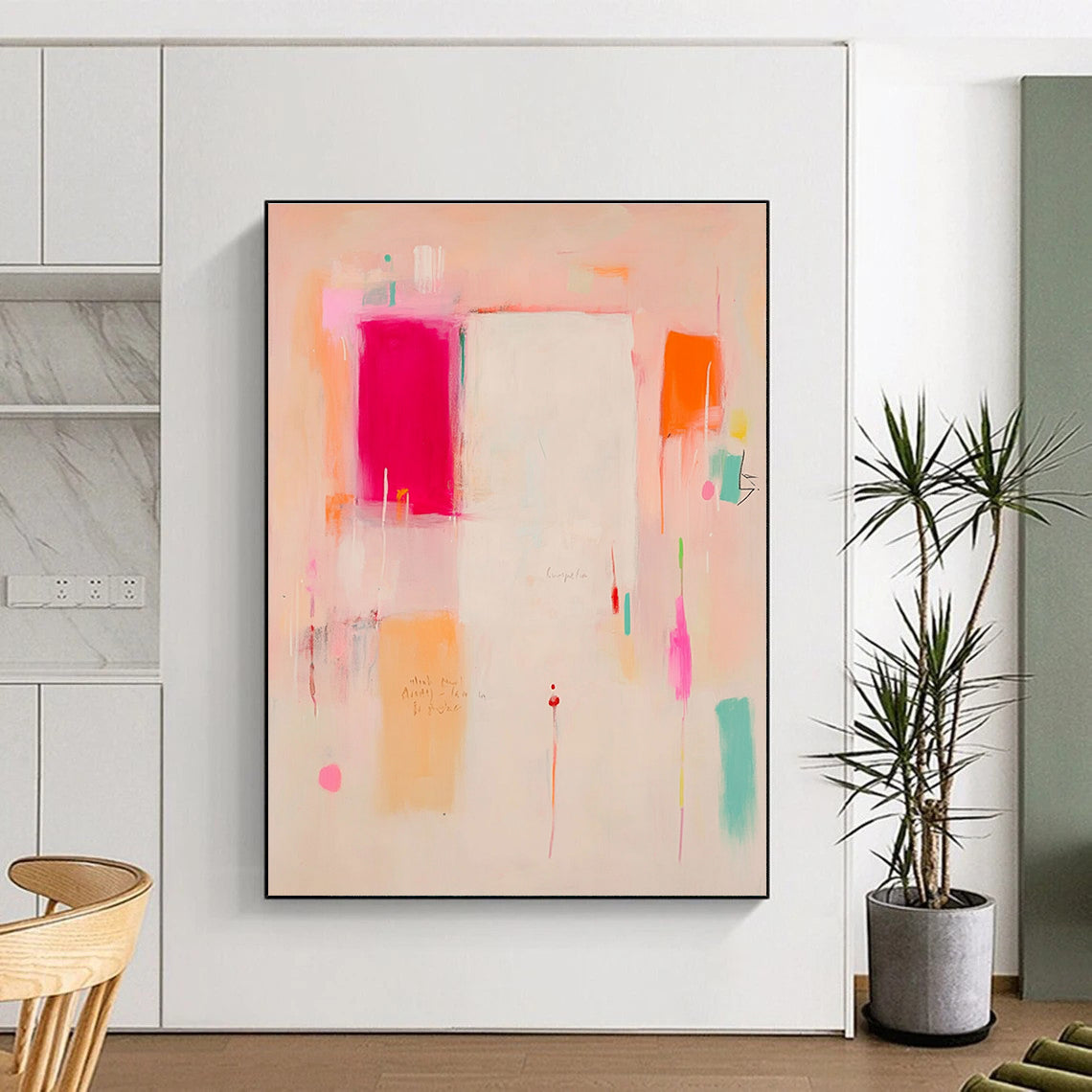 Large abstract painting in soft pink peach and orange tones featuring a white central area with red and yellow accents and expressive shapes.STSC809