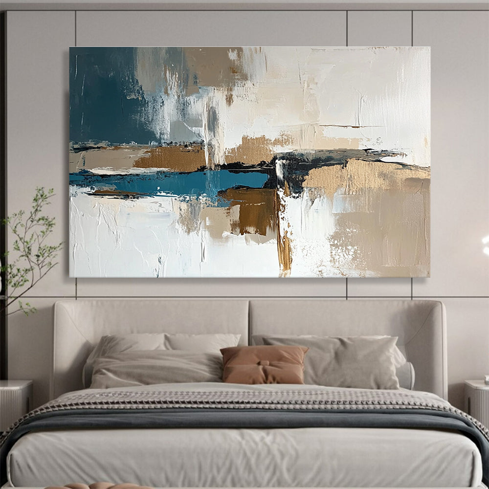 Large abstract painting in white and brown with teal accents featuring thick brush strokes and neutral tones perfect for modern decor.SC313