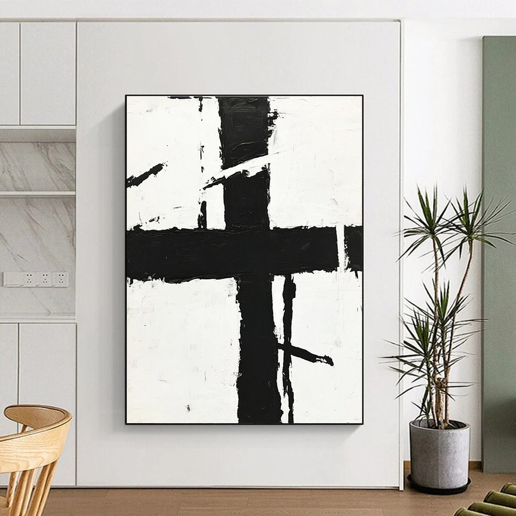 Expressive Black Cross Abstract with White Background GER349