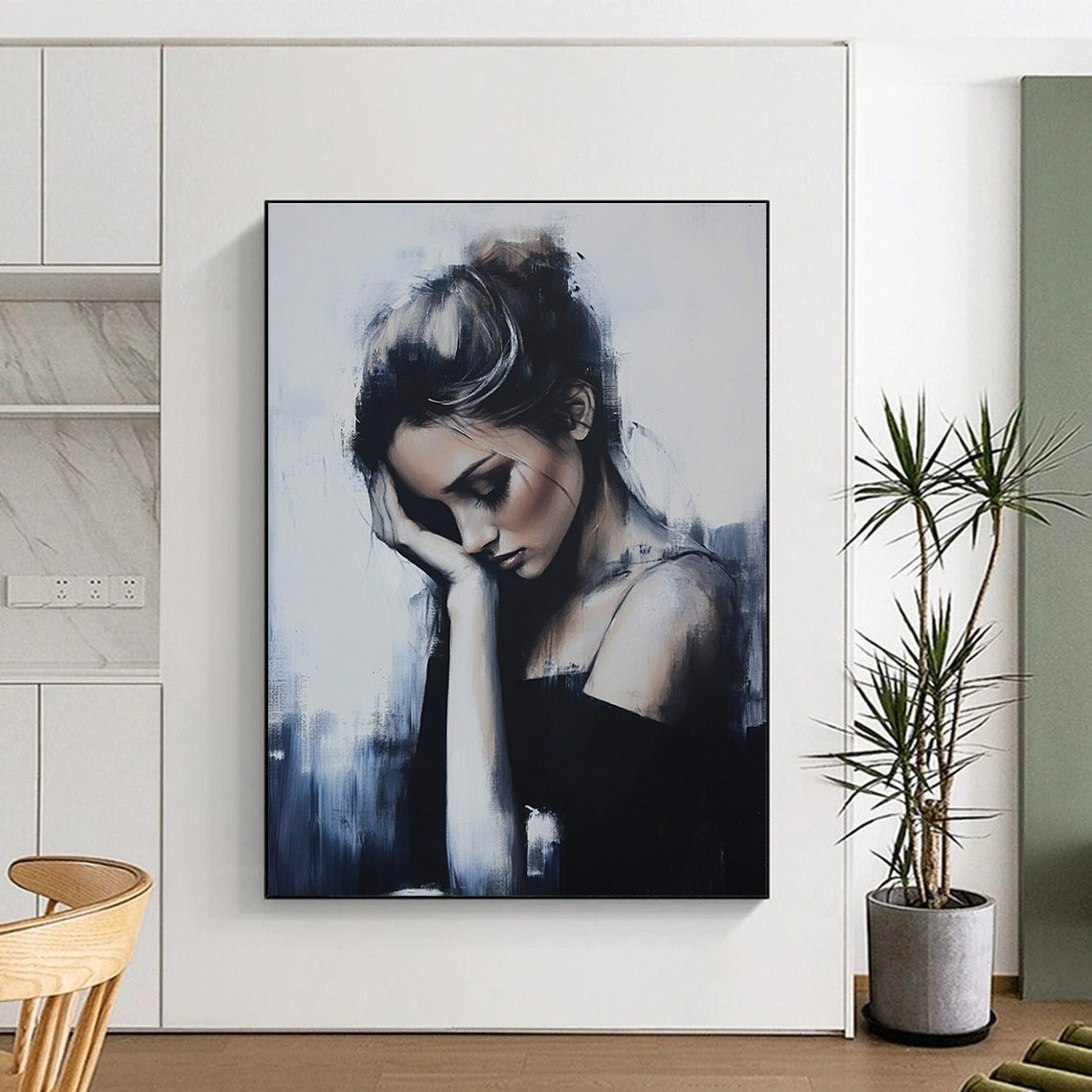 Abstract painting featuring a woman in soft tones with elegant figures and broad brushstrokes set against a minimalist background of gray and blue hues.STSC1266