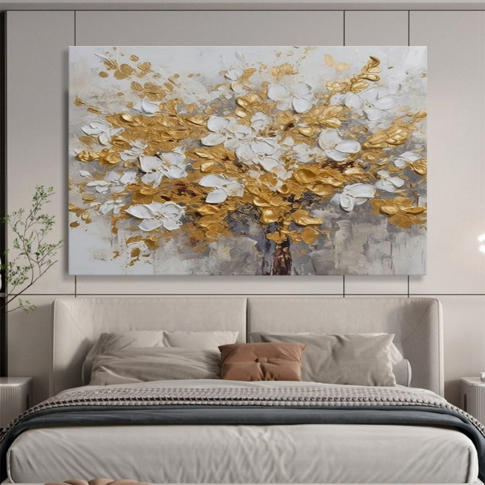 Gold and White Floral Abstract Painting with Textured Blossoms THY246