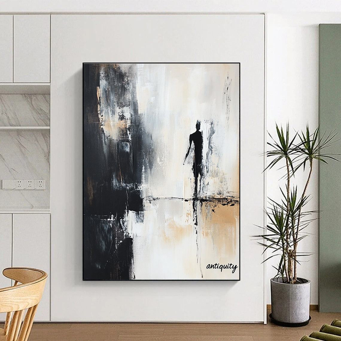 Large abstract painting featuring the text nostalgia in black white and gray tones with a shadowy figure and antiquity in the corner.STSC709