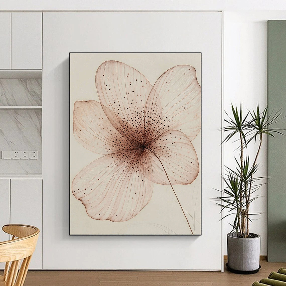 A large abstract painting featuring a single delicate petal in pink and brown with intricate internal structures and a hand-drawn sketch effect.STSC1197