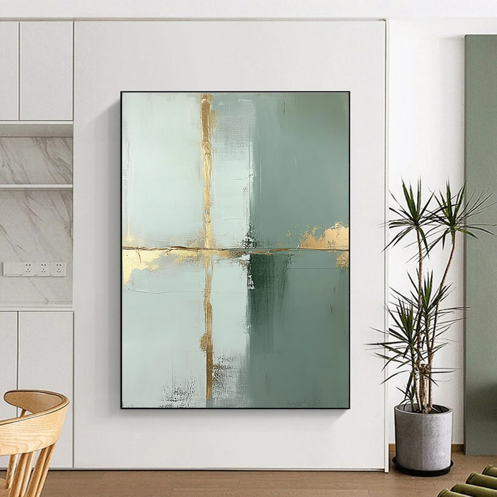 Large abstract painting featuring pale green and white blocks accented with thin gold lines and gold foil accents in a minimalist style.STSC428