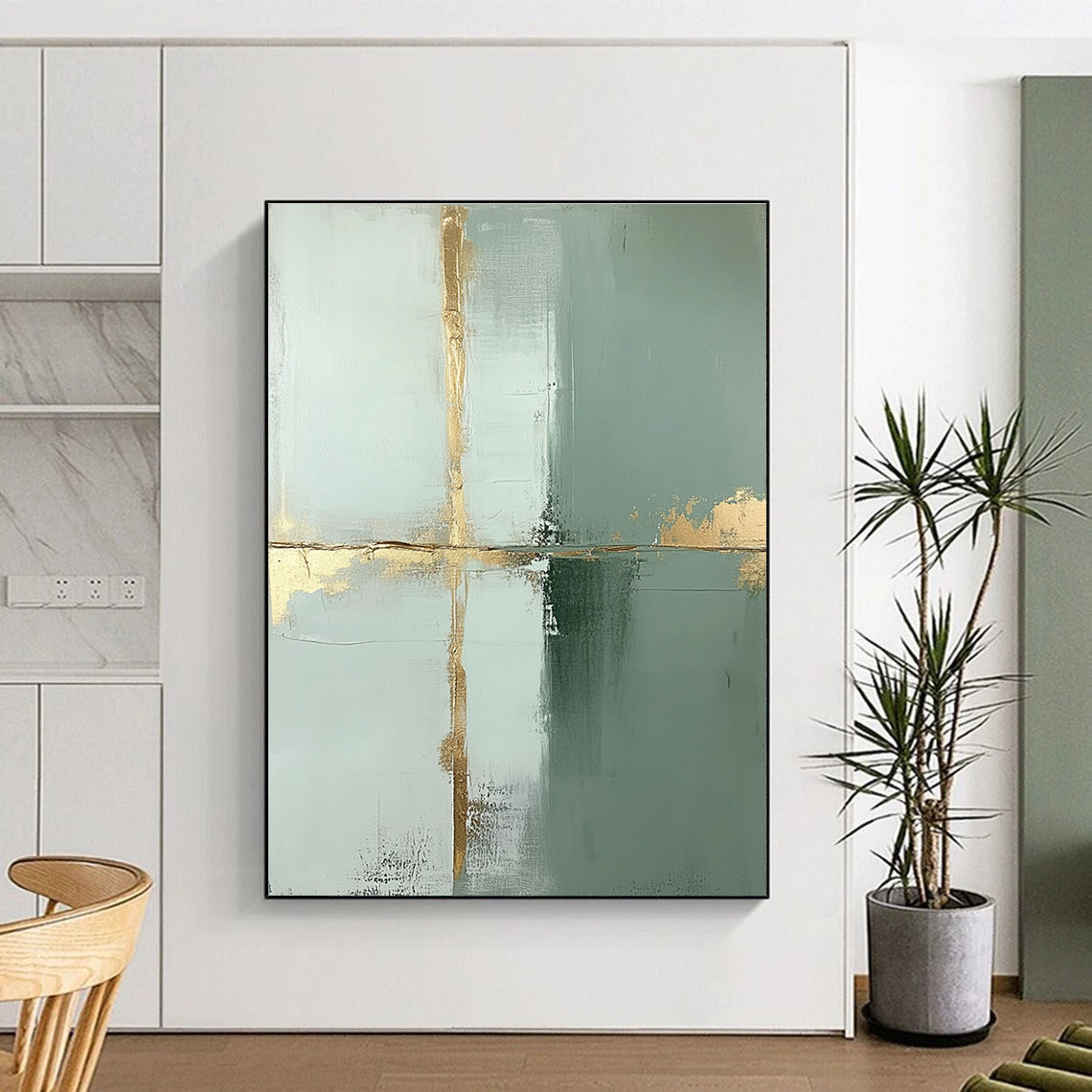 Large abstract painting featuring pale green and white blocks accented with thin gold lines and gold foil accents in a minimalist style.STSC428