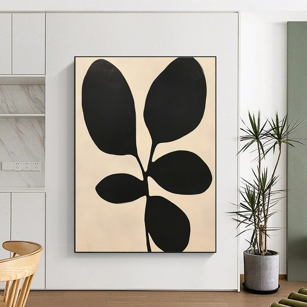 Large abstract painting featuring minimalist black and white shapes resembling leaves inspired by Henri Matisse's style.STSC1078