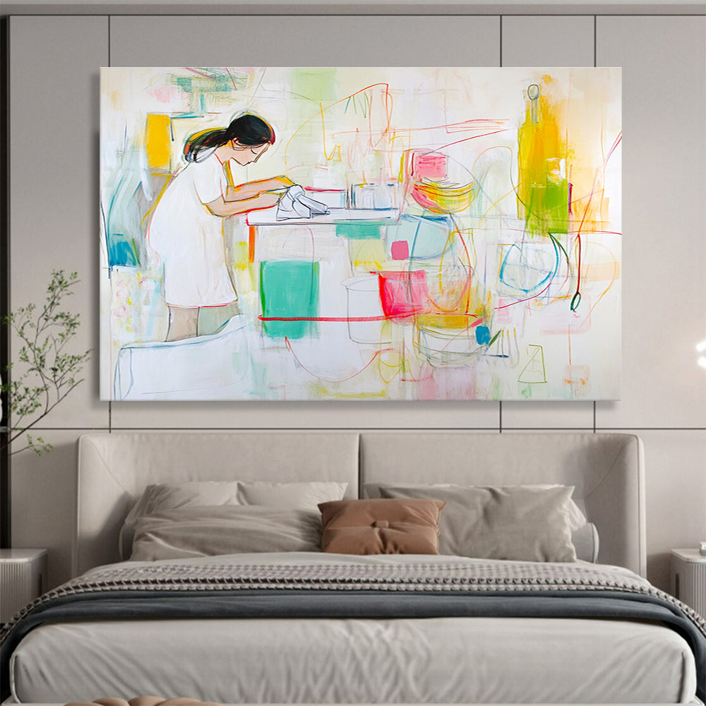 Figurative Kitchen Scene Abstract Painting with Colorful Elements DYP325