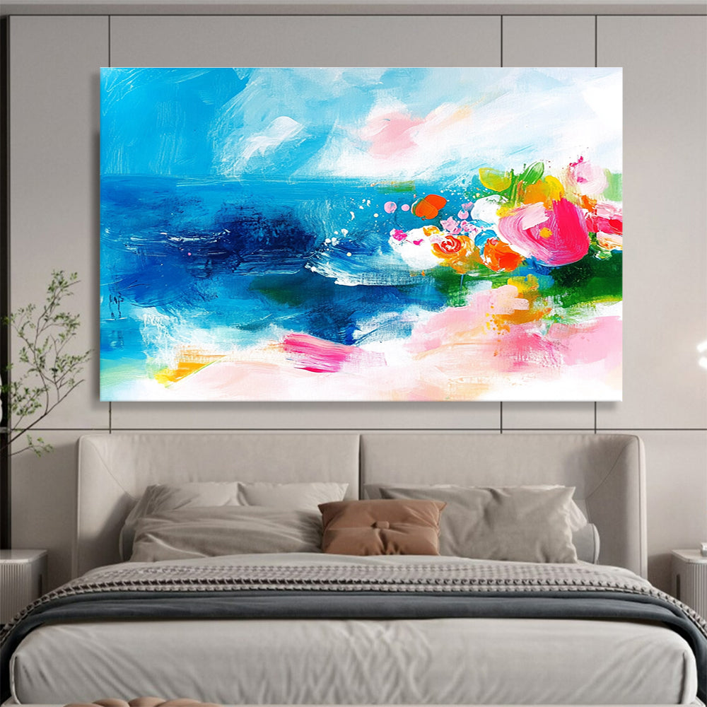 Large abstract painting of the ocean featuring bold brush strokes in pink blue green and orange with small flowers on a textured white background.SC363
