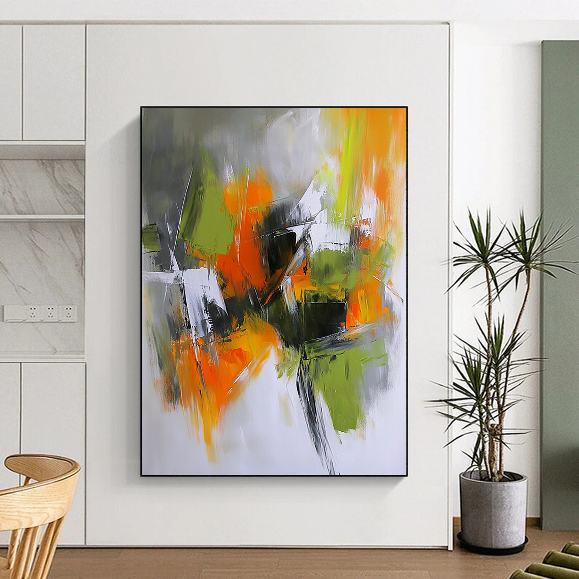 Large abstract painting in light gray dark orange and olive green capturing an autumn urban garden with dramatic shadows and energetic brush strokes.STSC769