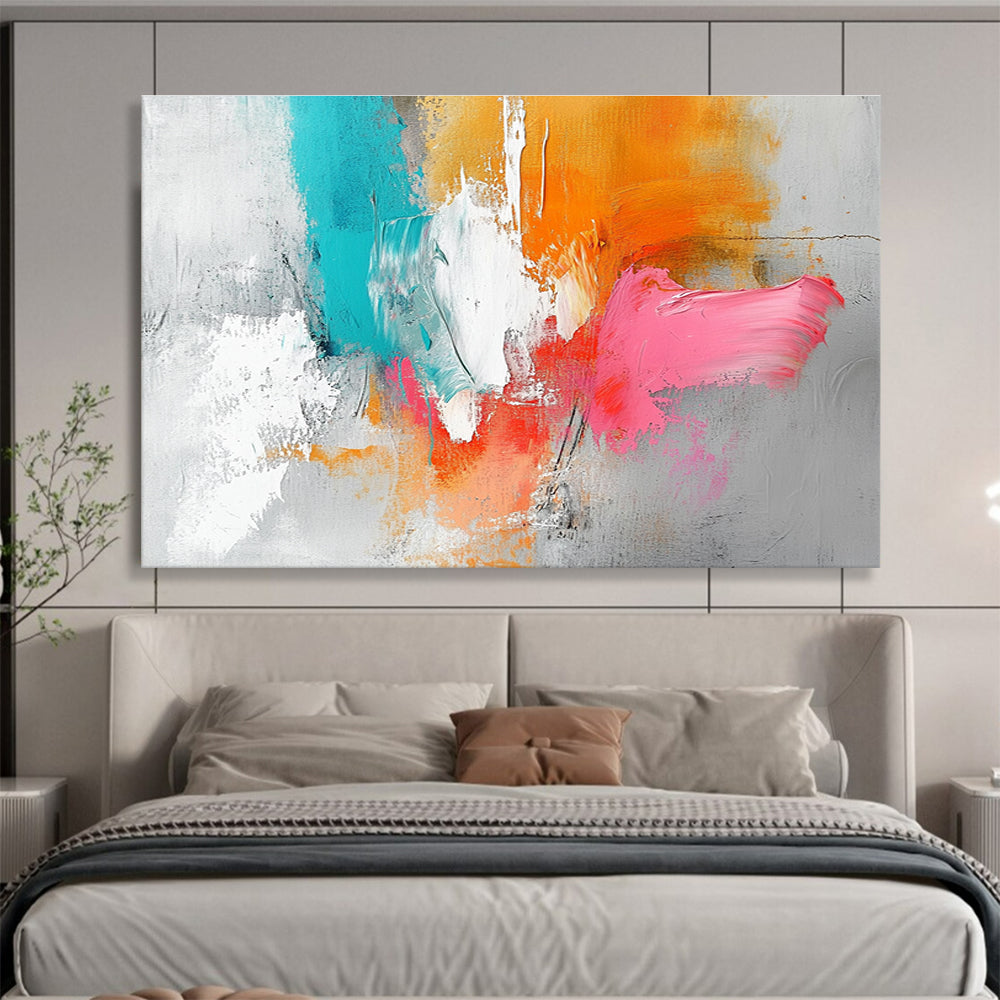 Large abstract painting featuring a light gray background with orange and pink splashes, white brush strokes, and vibrant blue accents.SC148