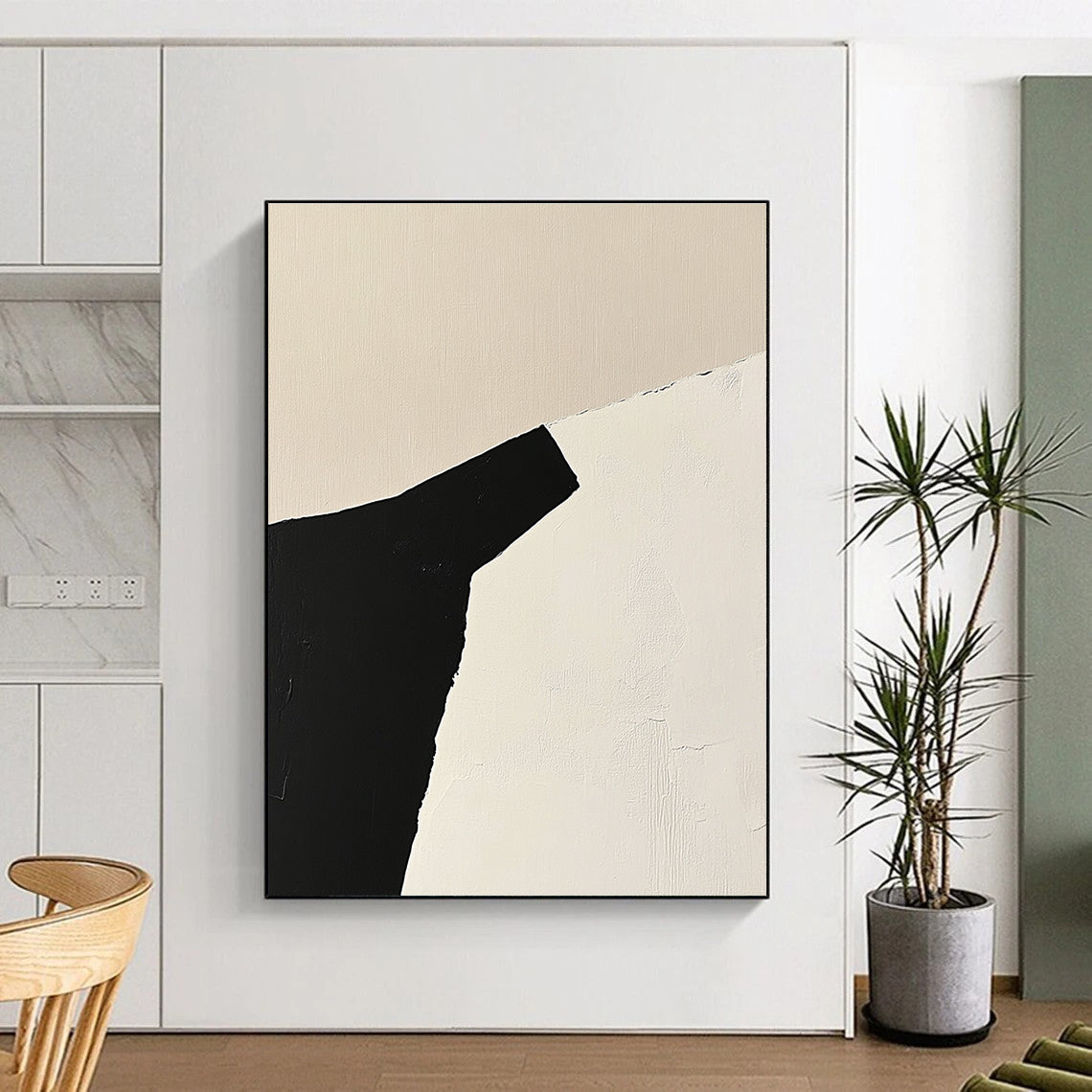 Black and Beige Geometric Abstract Painting with Angular Forms GER166