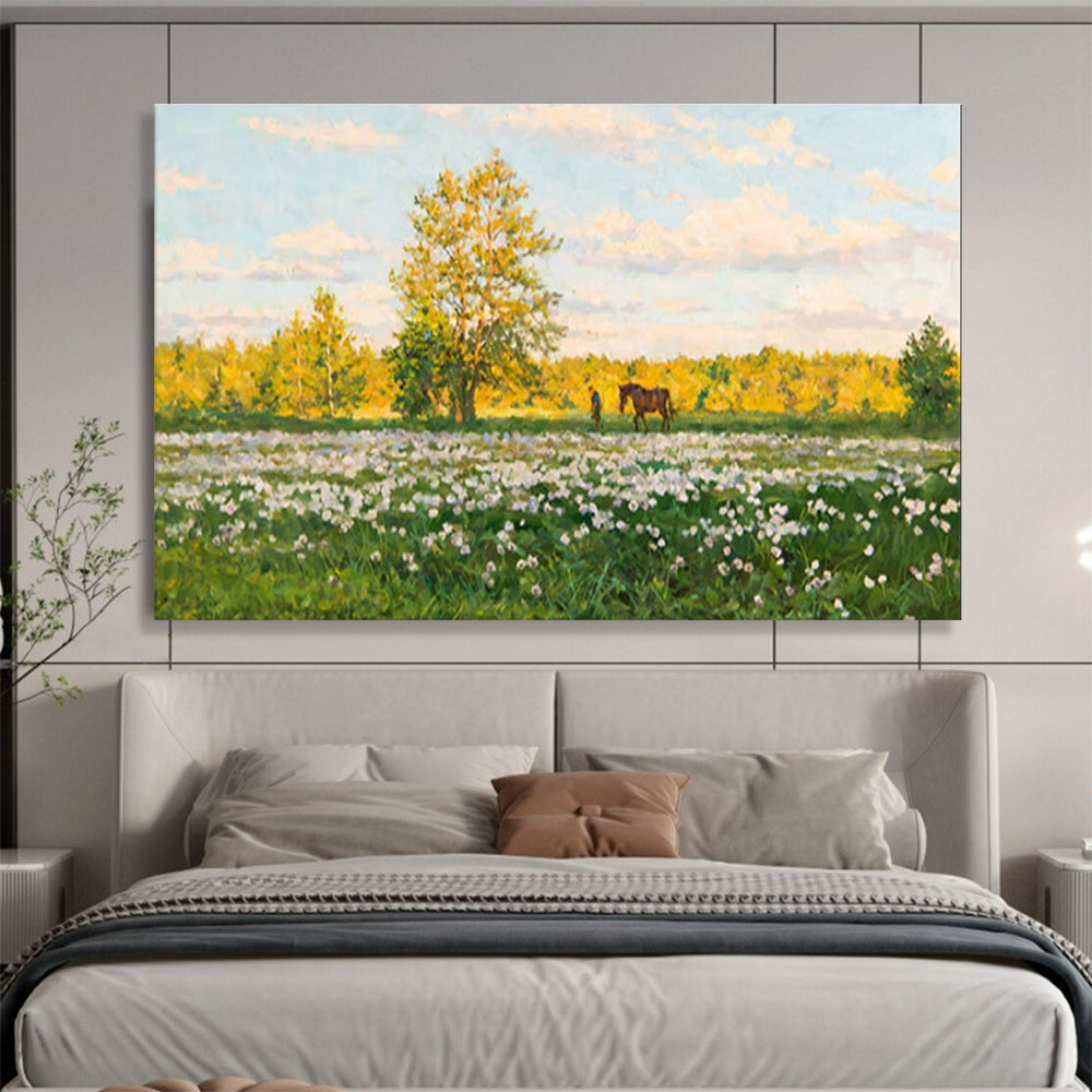 Summer Meadow Abstract Painting with Green, Yellow, and White Tones THY216