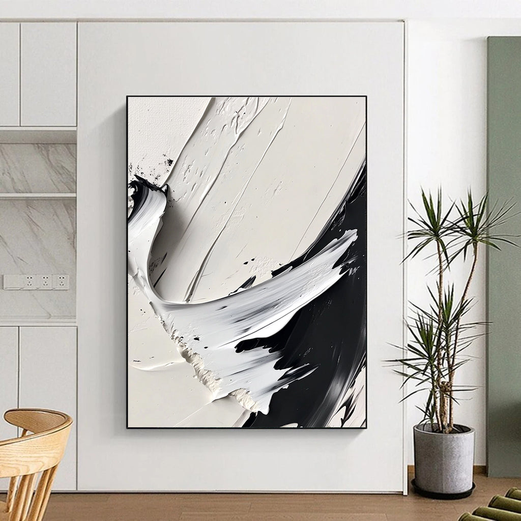 Large abstract painting featuring dynamic brush strokes in monochrome, high contrast, sharp edges, and soft blurred areas creating depth and texture.STSC507