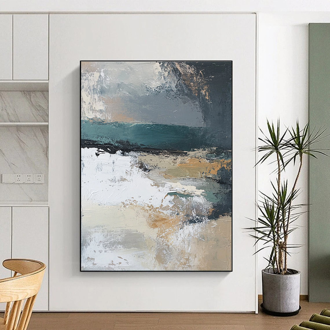 Large abstract painting featuring muted beige grey teal silver and green hues with white abstract shapes and textured layers depicting a serene landscape.STSC380