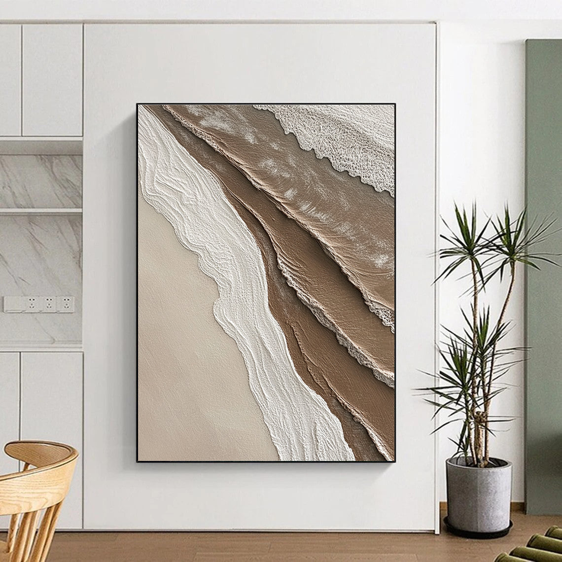 Abstract painting capturing textures where sand meets water in soft shades of brown beige white and grey ideal for enhancing any space.STSC951
