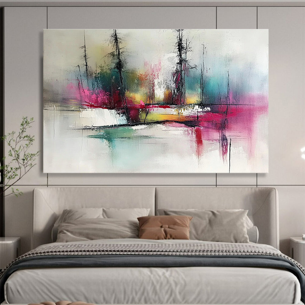 Colorful Forest Reflection Abstract Painting with Vibrant Trees and Water DYP249