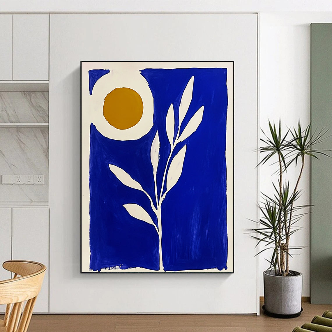 Large abstract painting in blue and white featuring a plant with the sun in a Matisse-inspired block print style.STSC921