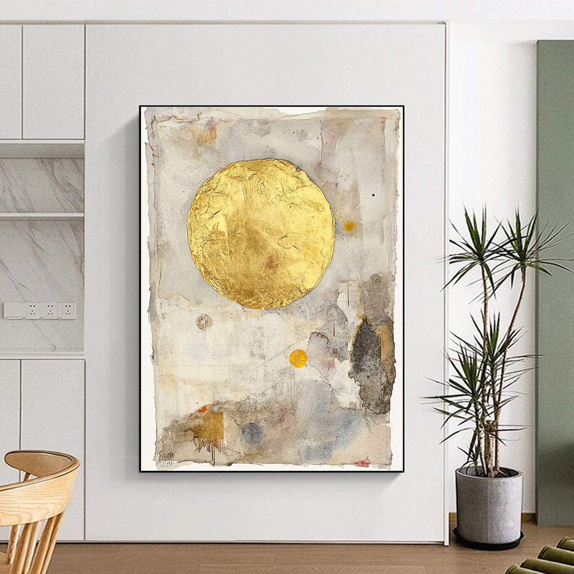 Abstract painting of a golden sun on vintage paper with gold leafing and soft pastel watercolor washes in a minimalist style.STSC286