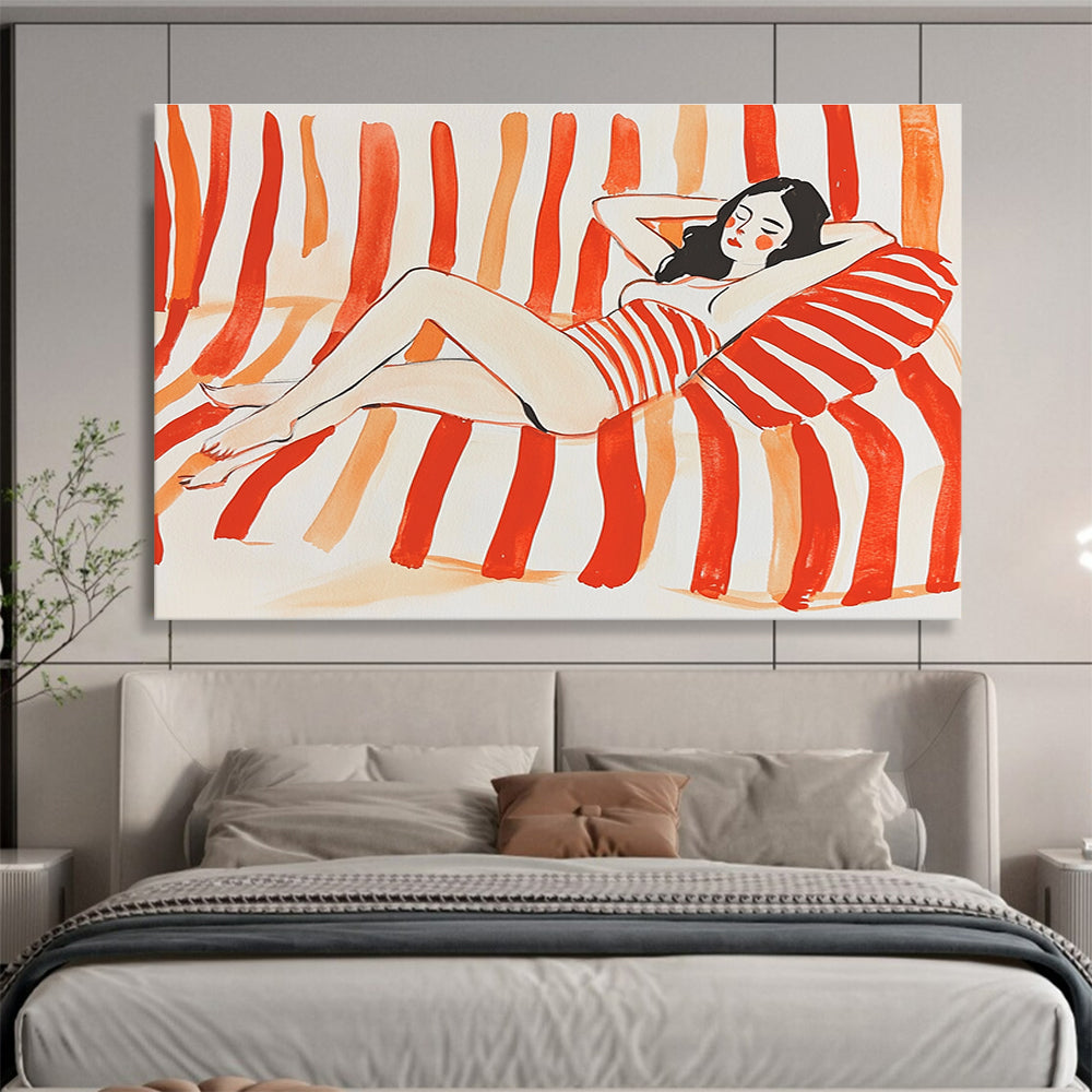 Woman Lounging on Stripes Abstract Painting with Red and White DYP164