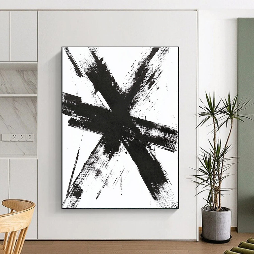 Large abstract artwork featuring thick messy black brush strokes forming a cross shape with detailed textures evoking emotions and energy.STSC1243