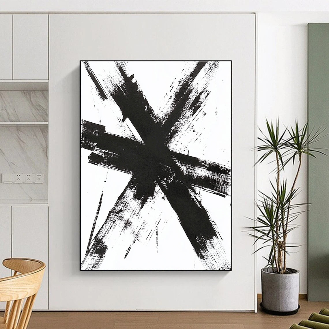 Large abstract artwork featuring thick messy black brush strokes forming a cross shape with detailed textures evoking emotions and energy.STSC1243
