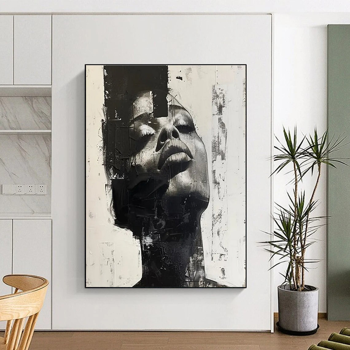 Black and White Textured Portrait Abstract Painting ADGE139