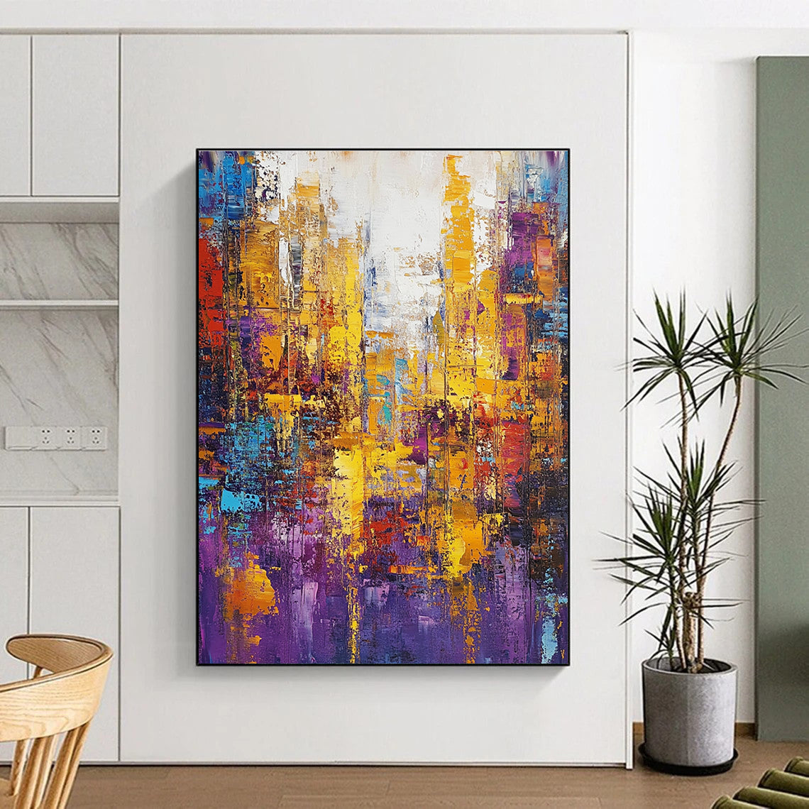Large abstract oil painting featuring a cityscape in gold and purple tones with colorful patterns and textured brush strokes.STSC160