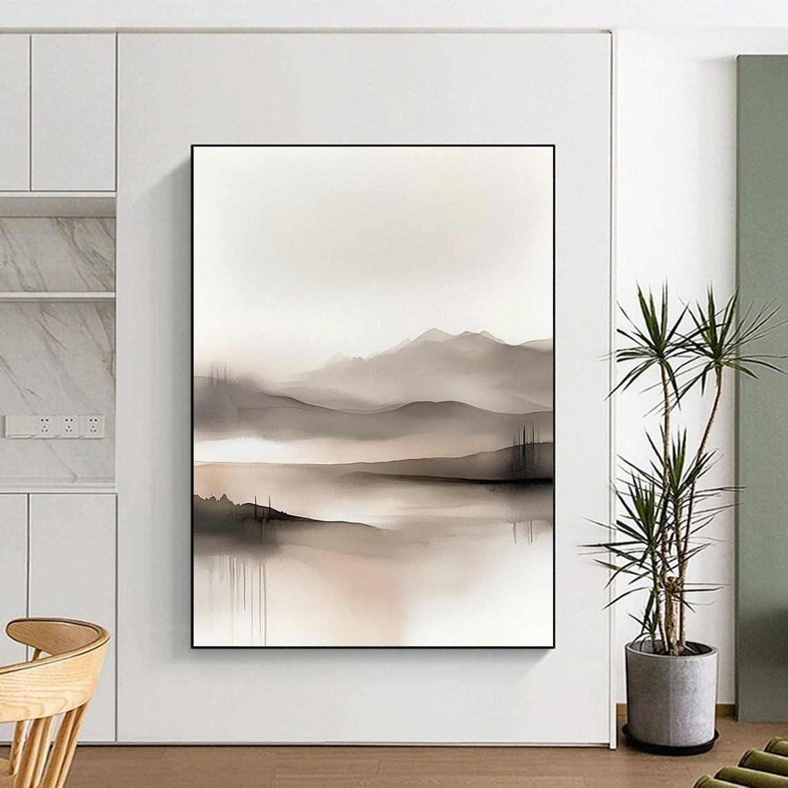 Large abstract watercolor painting featuring soft muted colors of grey beige and white depicting serene hills and foggy mountains for a tranquil atmosphere.STSC504
