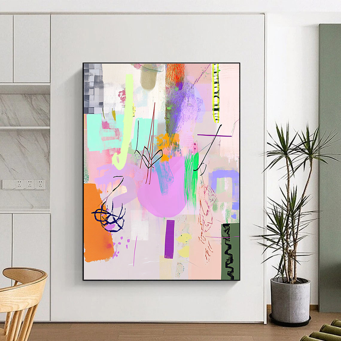 A large abstract painting featuring light pink purple and green shapes with line art and textures in a playful collage-inspired style.STSC1042