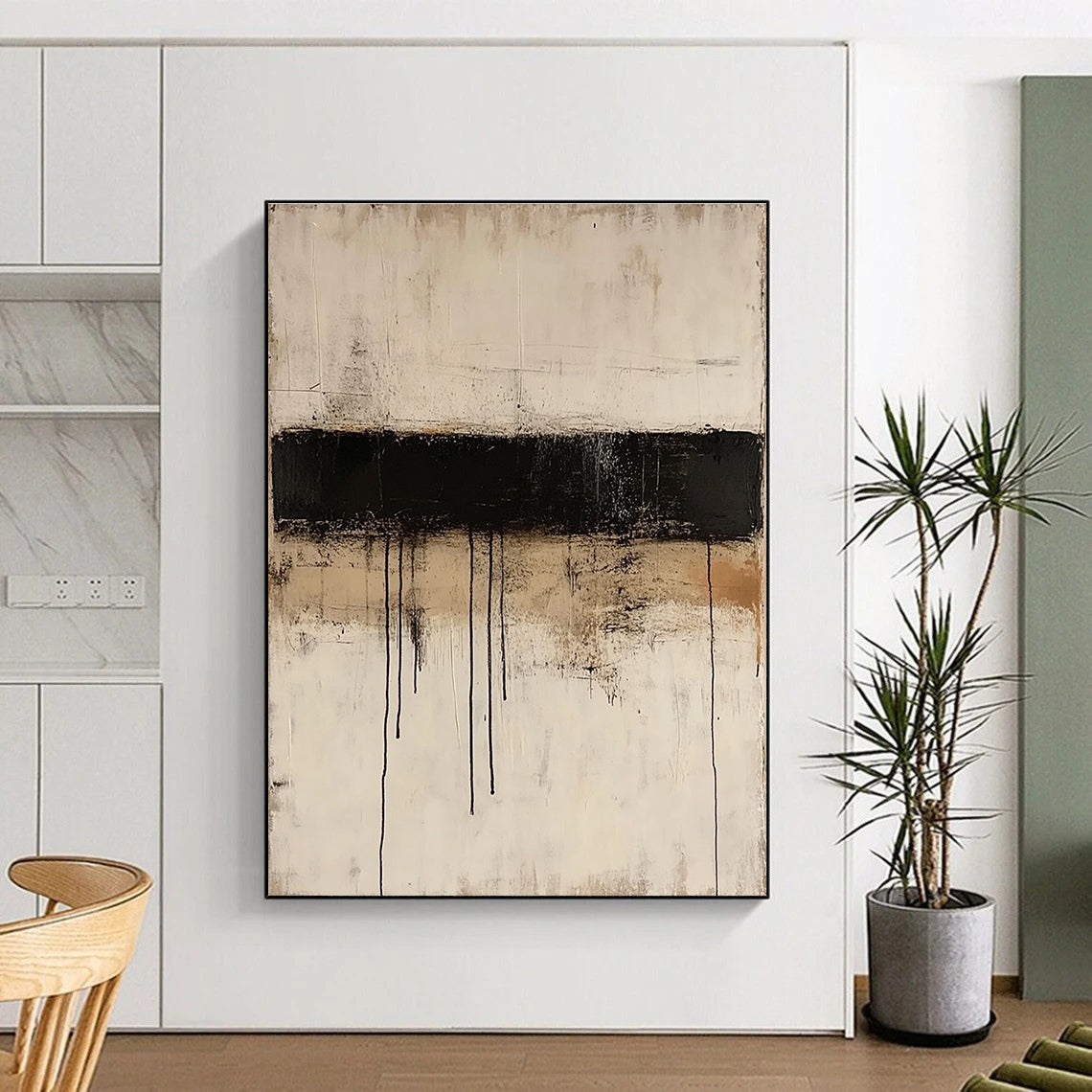 Large abstract painting featuring thin black lines layered on textured beige paper in a minimalist style reminiscent of Mark Rothko.STSC521