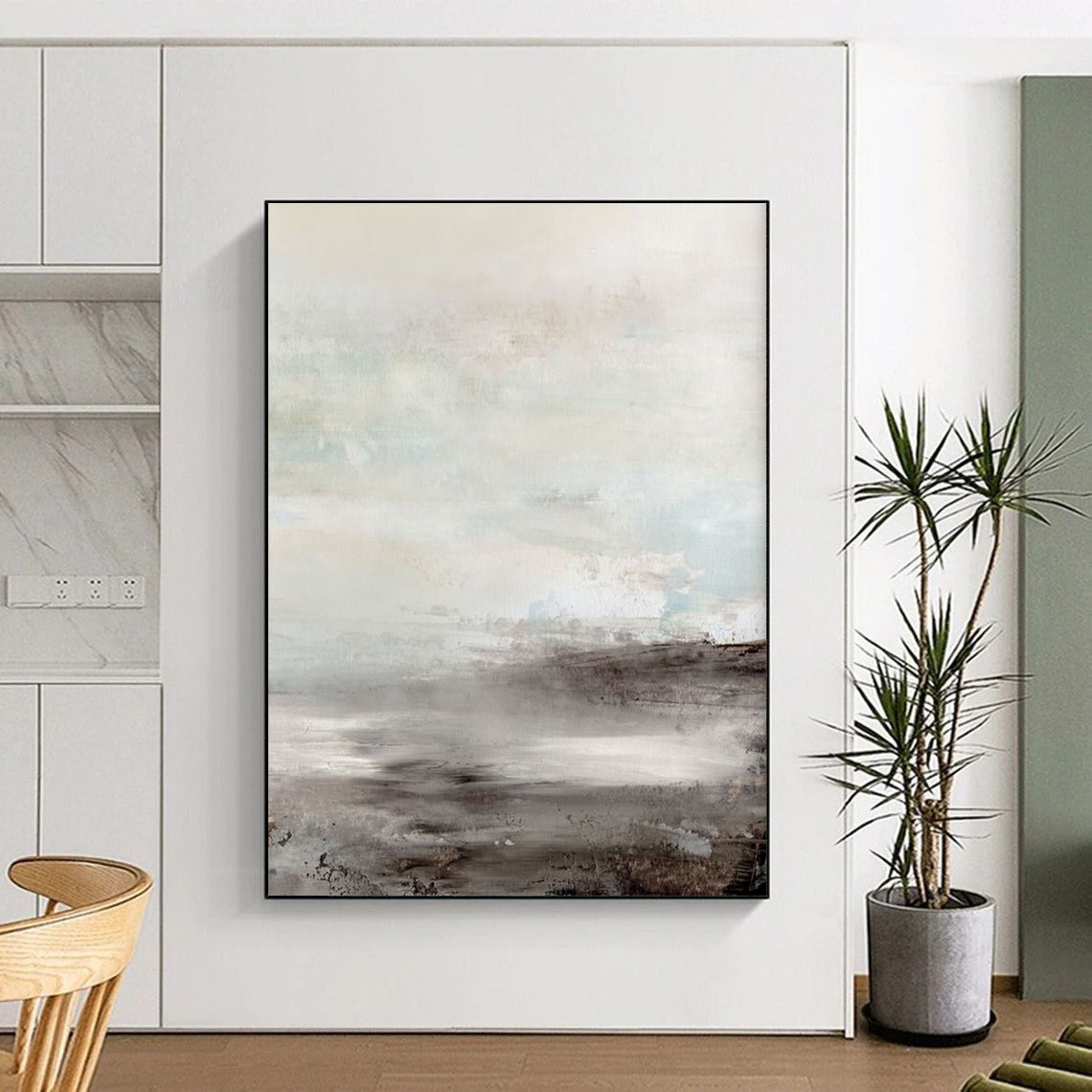 Serene Misty Coastal Abstract in Gray and Blue Painting ADGE154