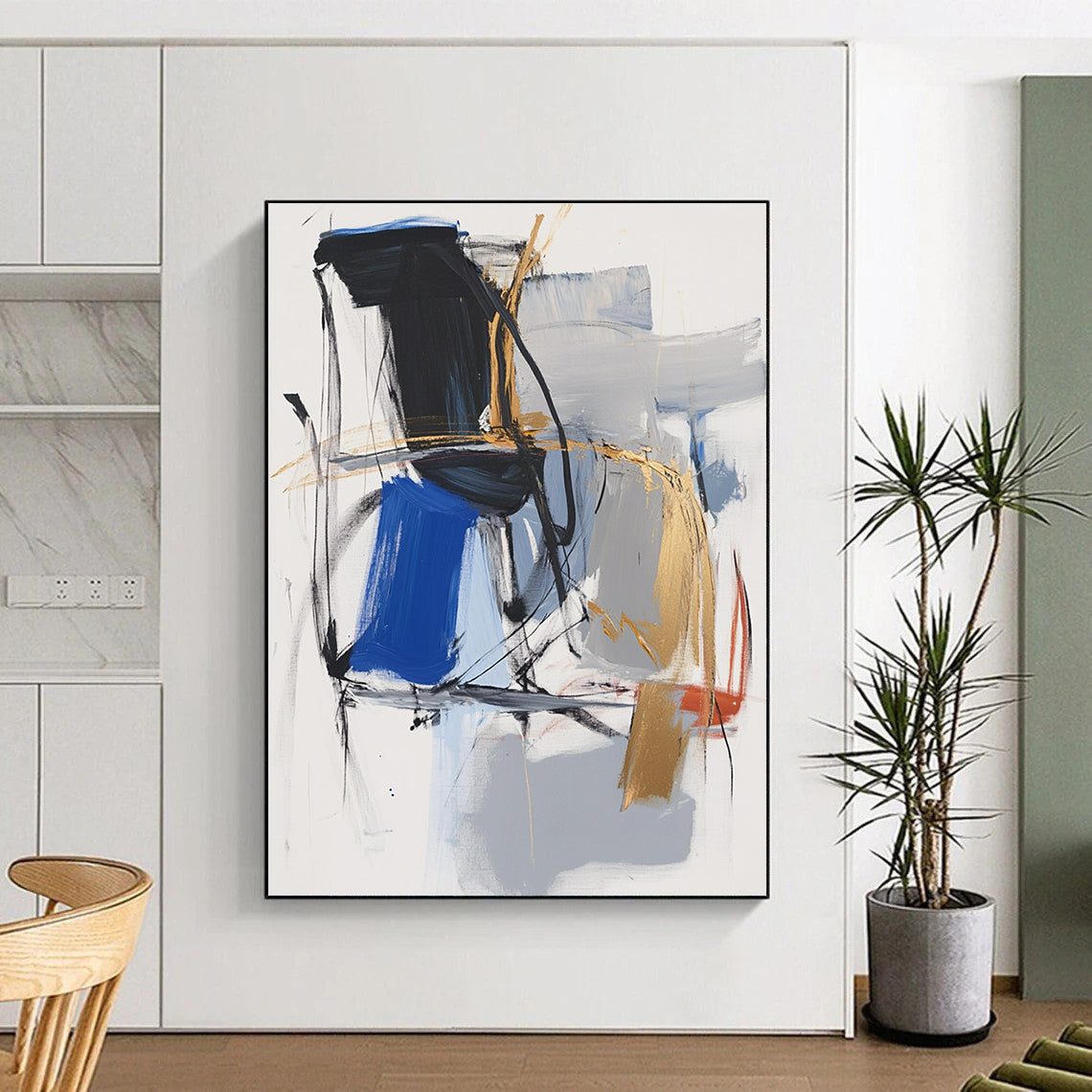 Blue Gray Gold Abstract Painting with Expressive Strokes GER804