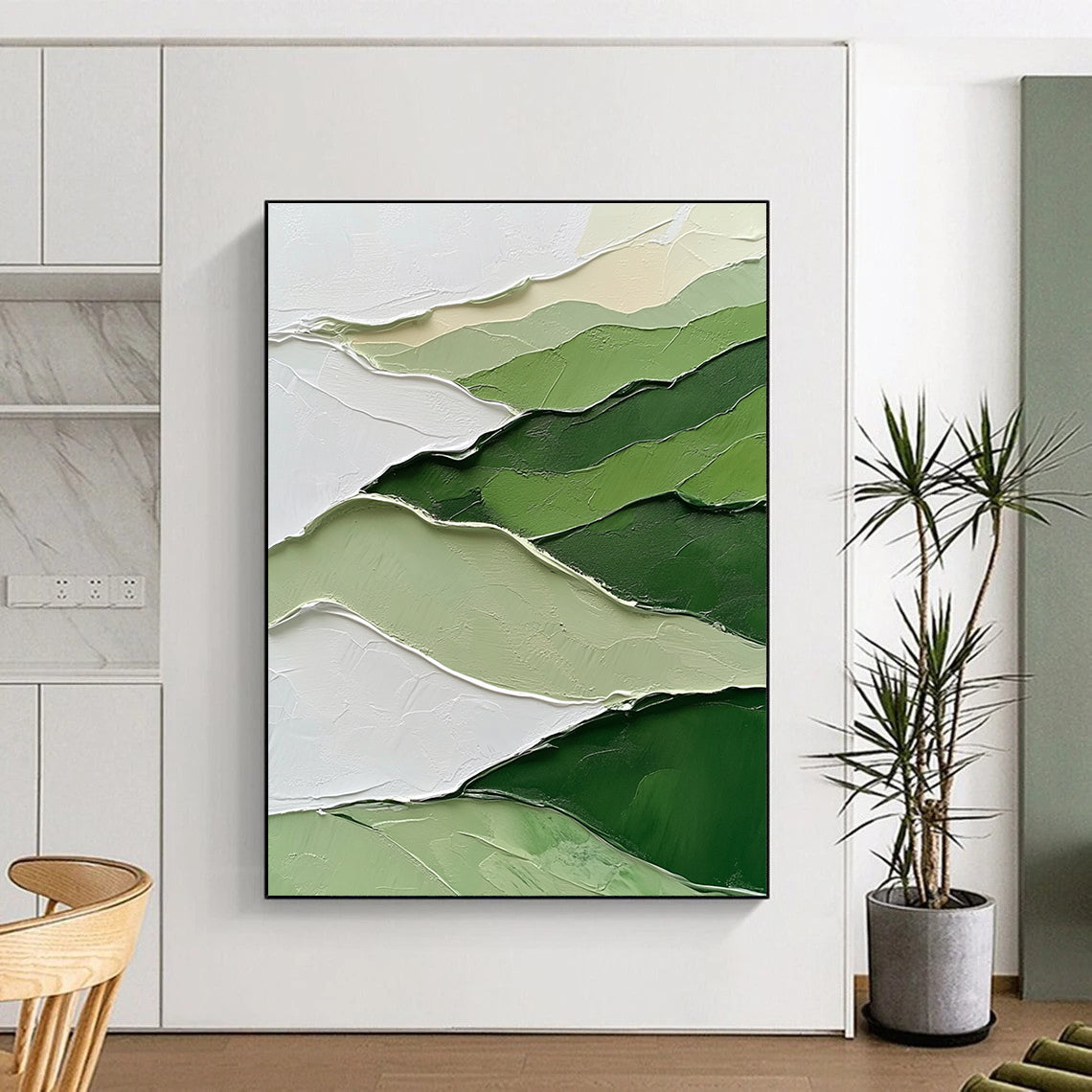 Large abstract painting featuring a green and white mountainous landscape with thick impasto strokes for a textured artistic impact.STSC1005