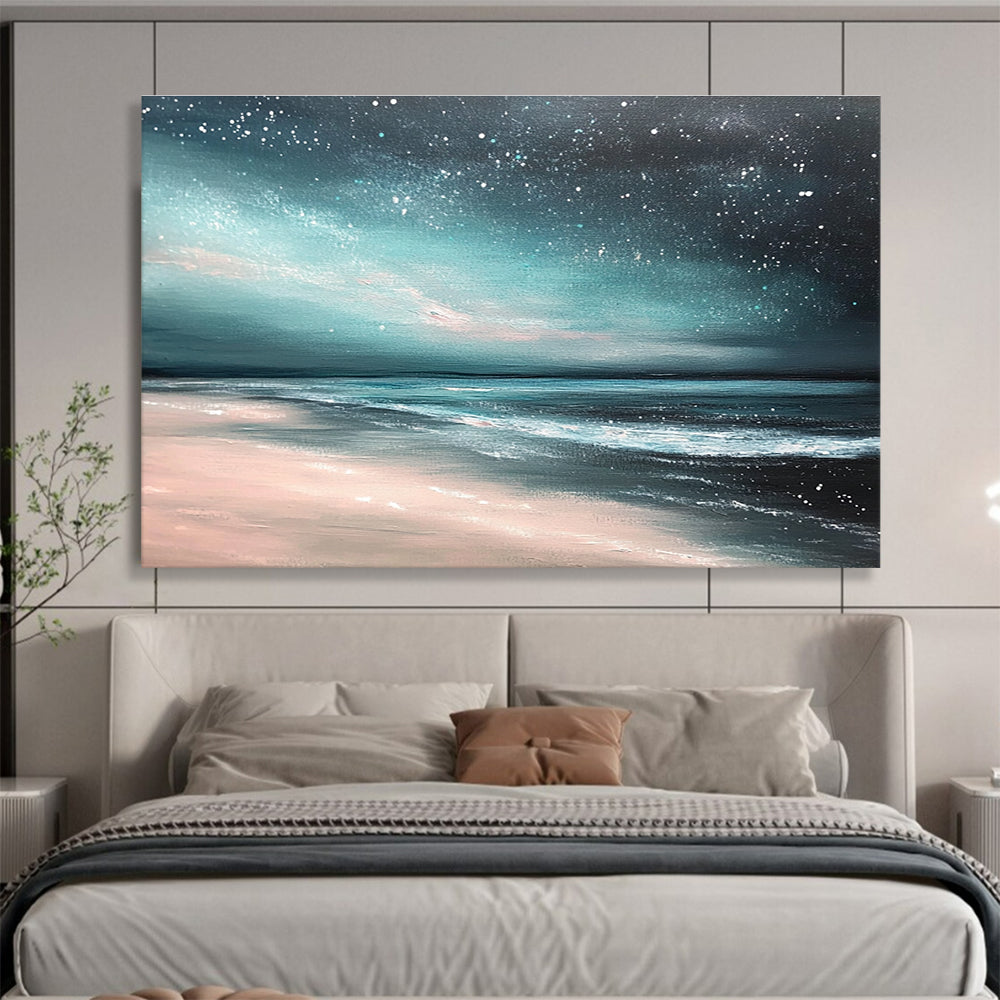 An abstract painting featuring a light teal and dark gray sky with stars, capturing a serene nighttime beach atmosphere.SC398