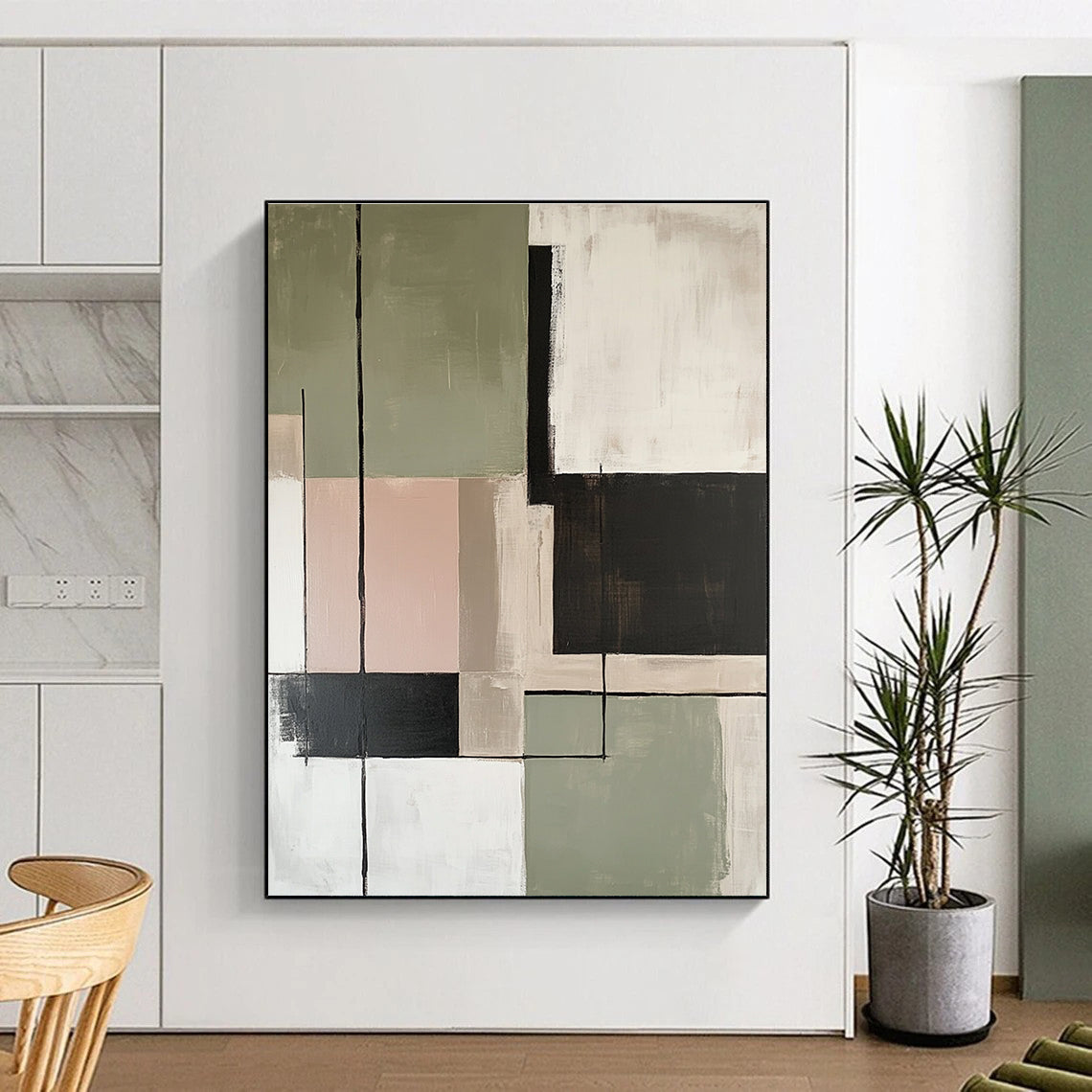 Large abstract painting featuring soft sage green beige and black color blocks with minimalist thin lines for an elegant modern decor.STSC810