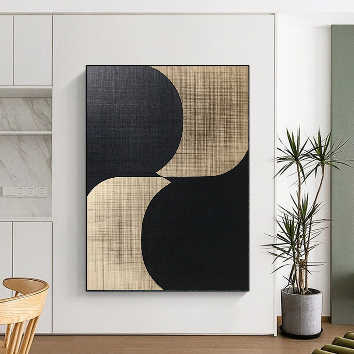 Beige Black Circular Shapes Abstract Painting GER839