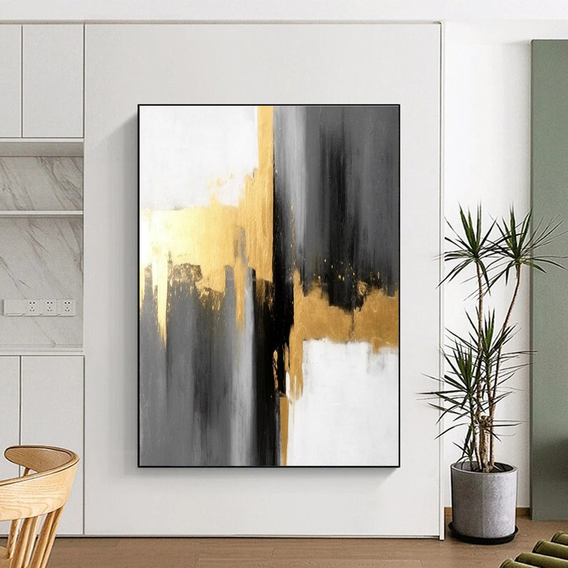 Gray Gold and White Abstract Painting with Sophisticated Layers ADGE076