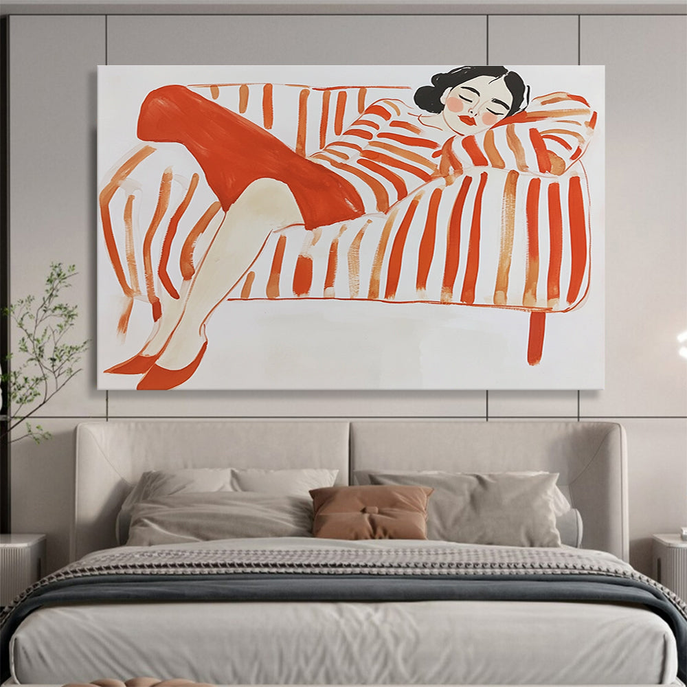 A large abstract painting in gouache featuring a woman lounging on a striped couch with simple lines in red and orange hues on a white background.SC496