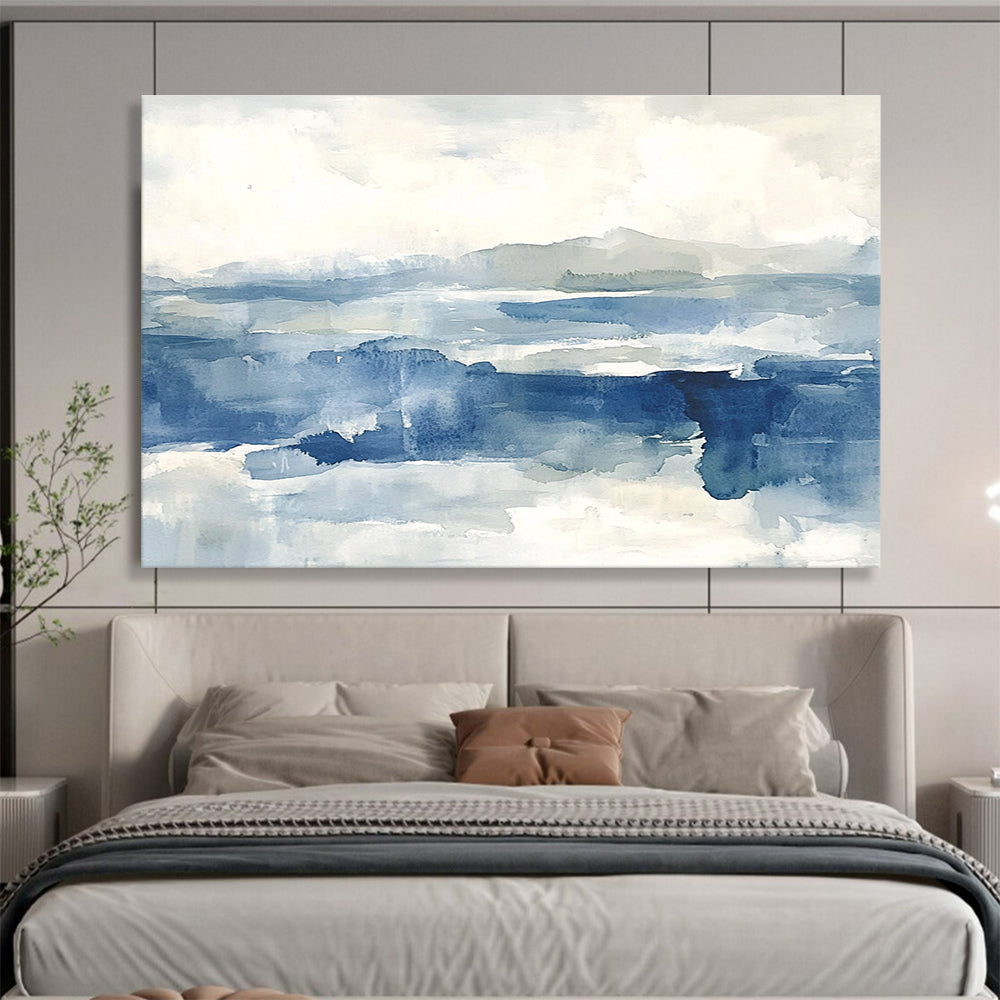 Large abstract painting of the sea features shades of blue and gray with soft clouds, evoking a stormy atmosphere and depth.SC289