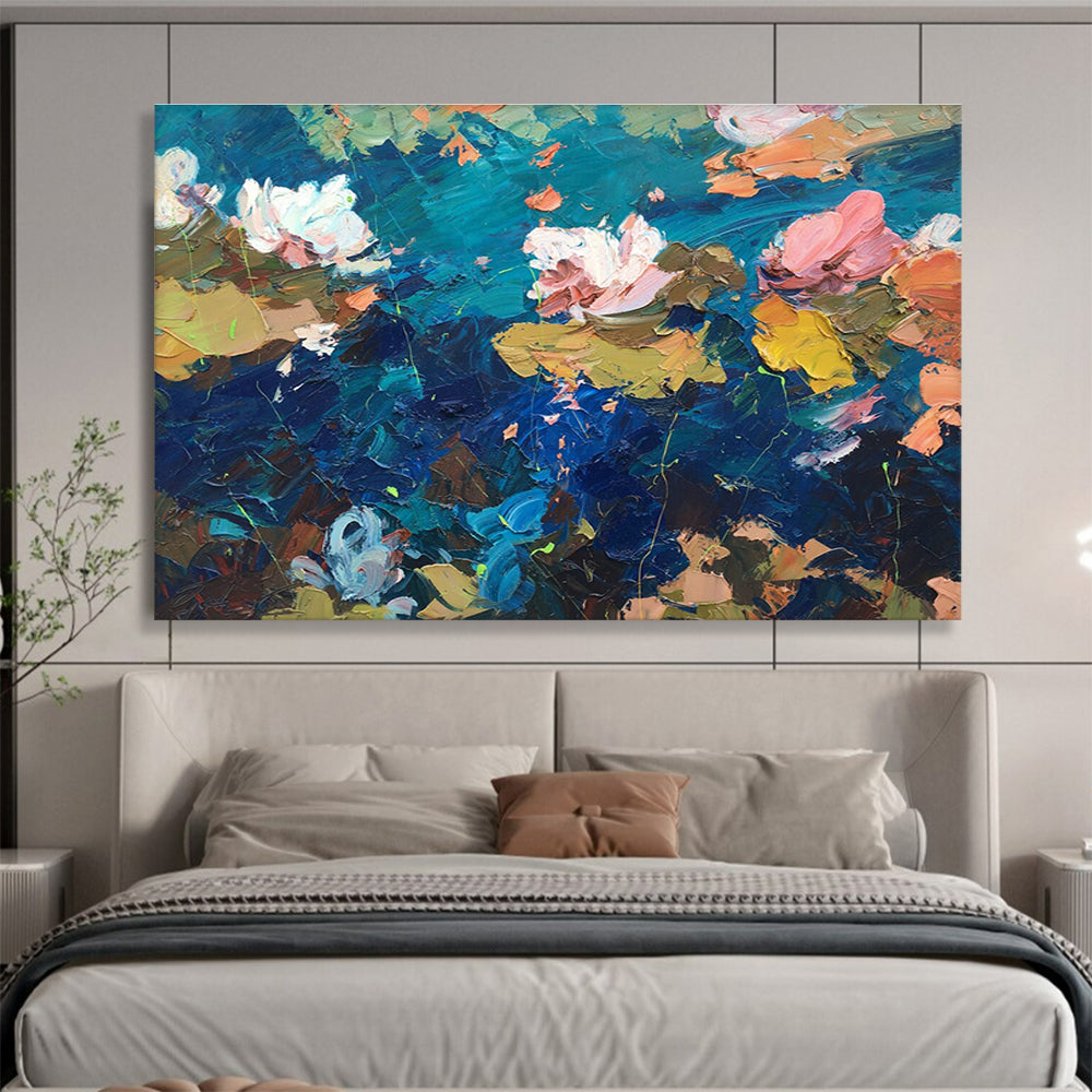 Blue Pink Water Lilies Abstract Painting THY482