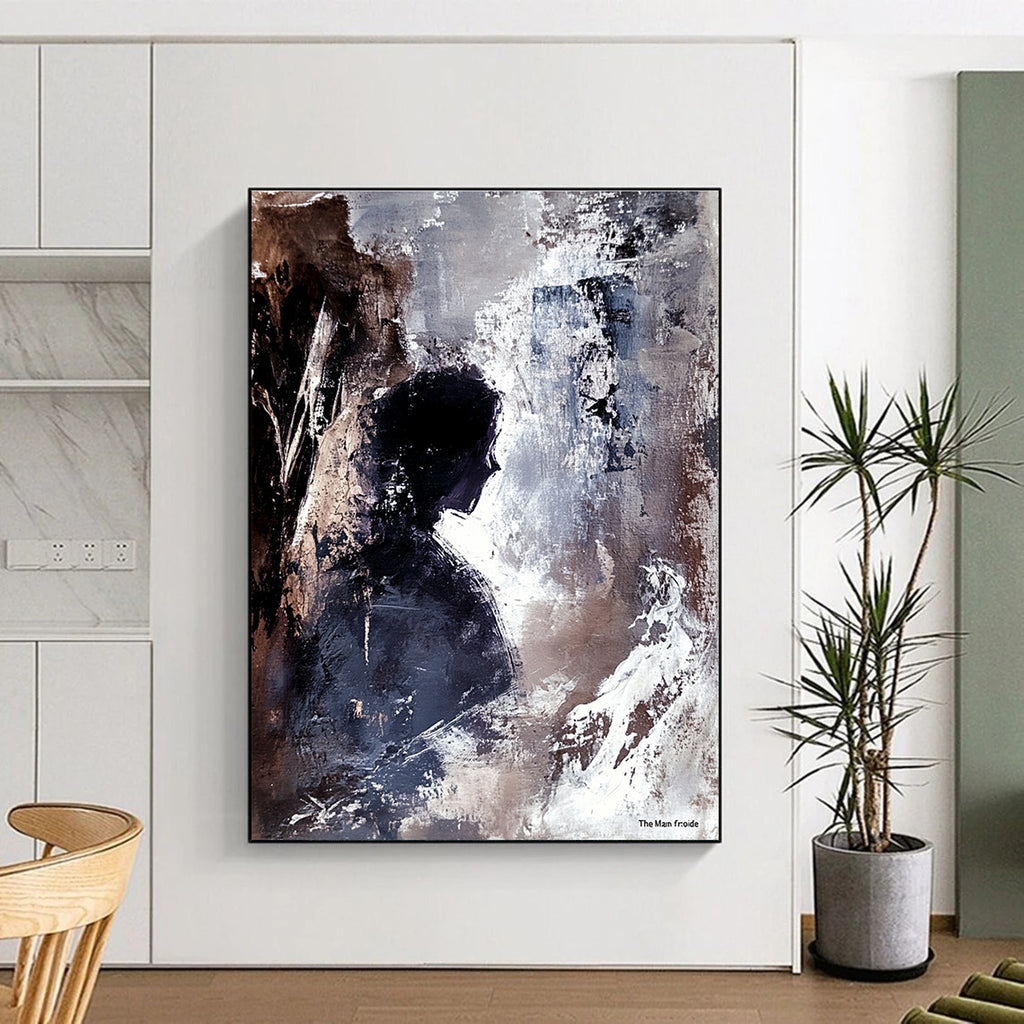 Large abstract painting of an ancient cave interior featuring a human figure in profile with strong brushstrokes conveying depth tension and mystery.STSC340
