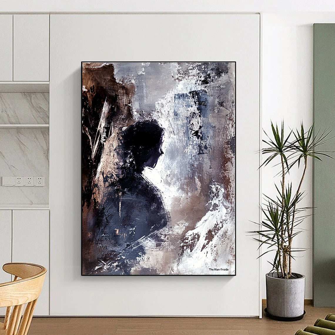 Large abstract painting of an ancient cave interior featuring a human figure in profile with strong brushstrokes conveying depth tension and mystery.STSC340