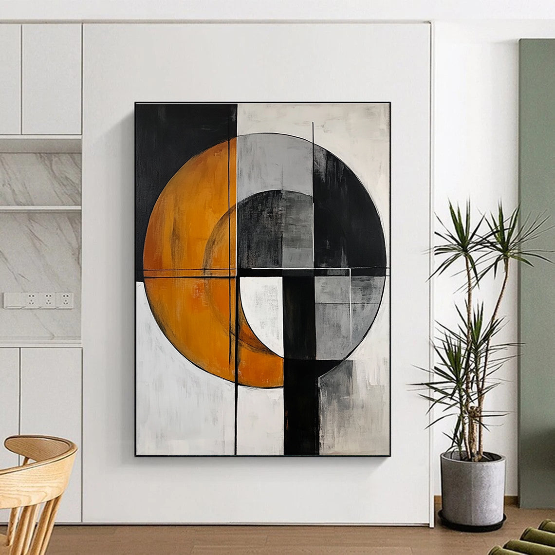 Abstract painting featuring a gray circle and orange half-moon with harmonious colors and geometric shapes in a minimalistic composition.STSC208
