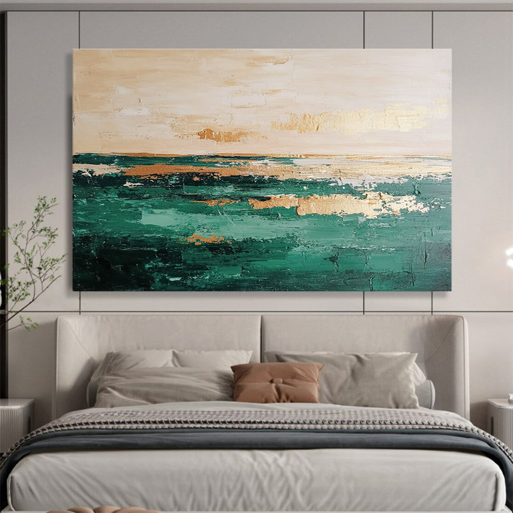 Large abstract oil painting of a serene green and beige sea with a clear horizon line perfect for modern decor.SC112