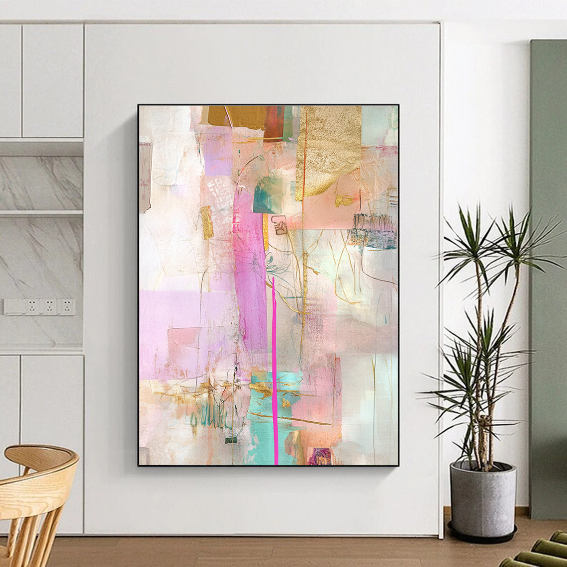 Vibrant Mixed Media Abstract Collage with Pink and Gold GER207