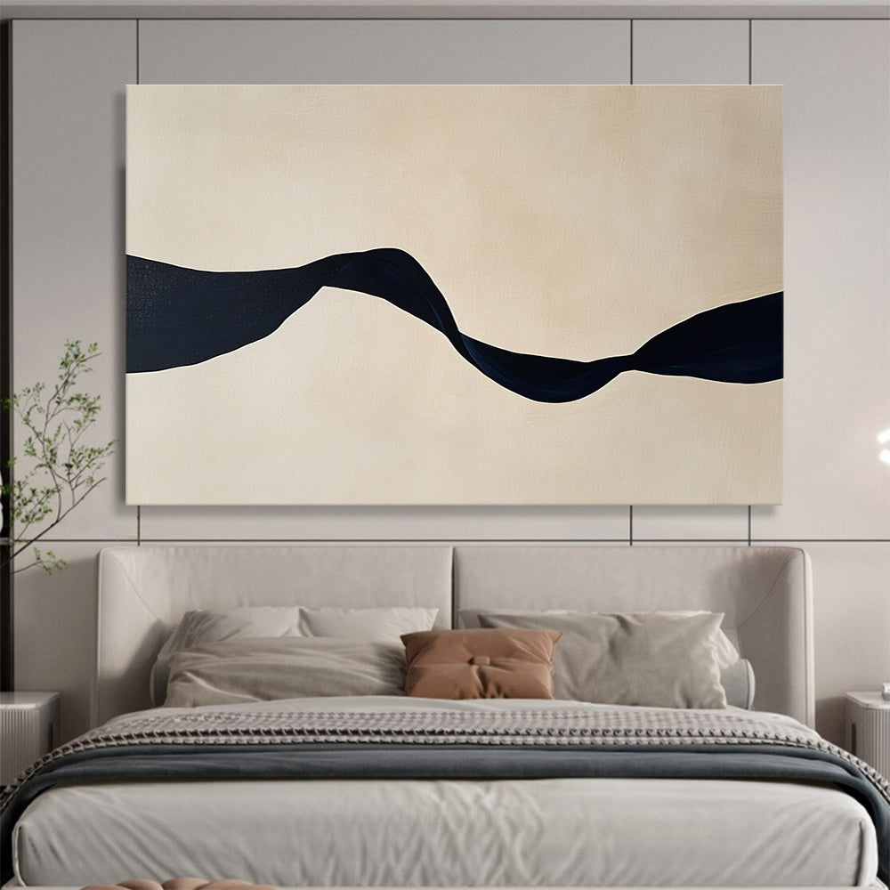 Large abstract painting featuring minimalist black ribbon shapes against a light beige background, embodying tranquility and elegance in any space.SC588